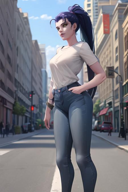 4291411993-4258623660-widowmaker, casual clothes, shirt, jeans, city street, bright sunlight, standing, solo, , best quality.png